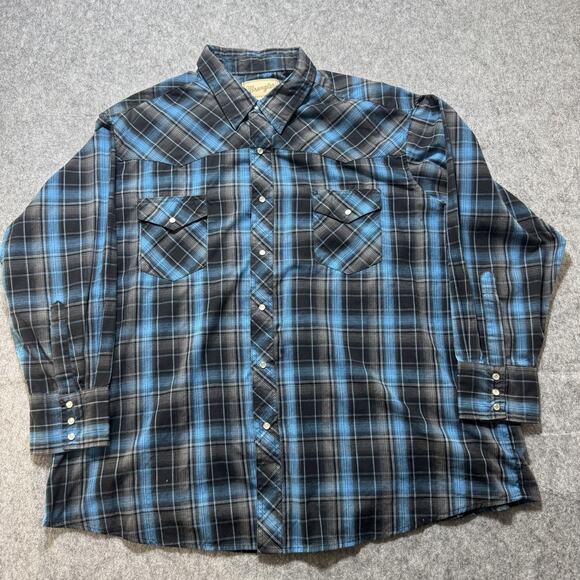 Wrangler Other - Wrangler Shirt Mens 3XL Blue Black Plaid Western Pearl Snap Long Sleeve Cowboy